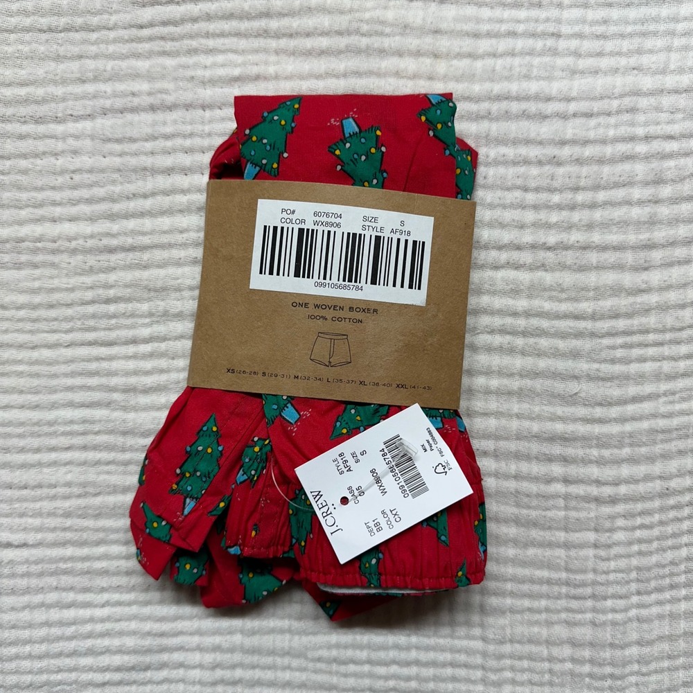 NWT J CREW Boxer Underwear shorts Sz S Red with Christmas Trees - Picture 2 of 2